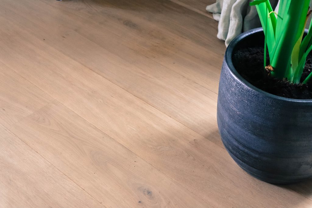 Houten vloer met plantenpot op de grond