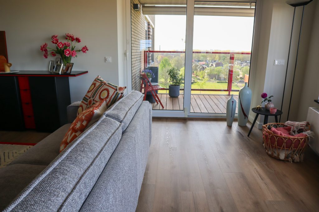 Moderne woonkamer met balkon en uitzicht